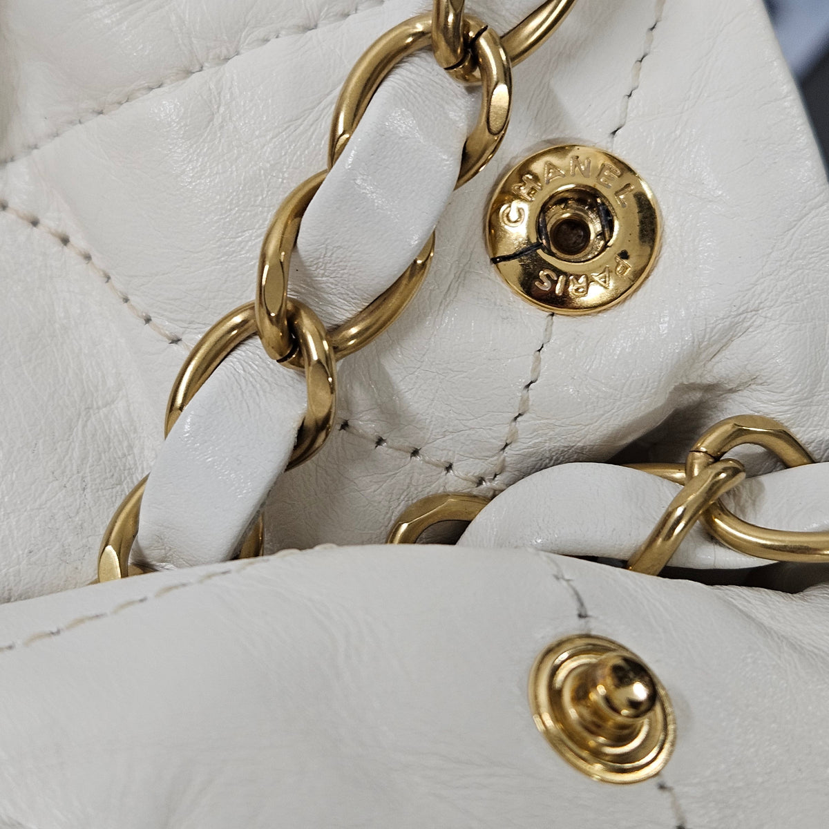 Chanel 22 White Quilted Lambskin Maxi Drawstring Shoulder Bag