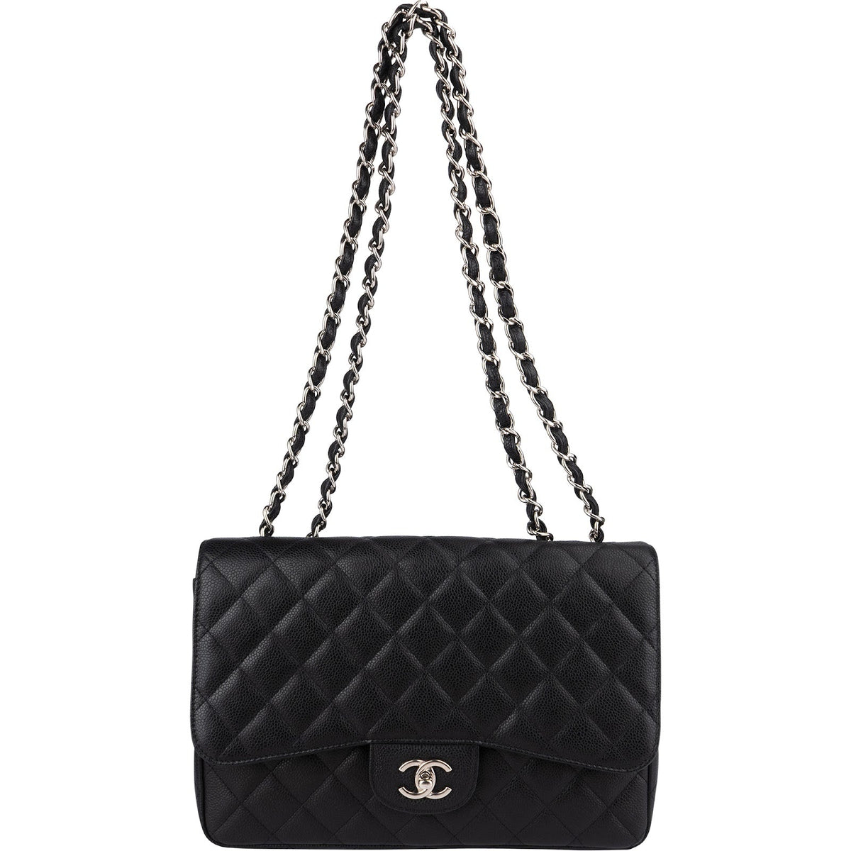 Chanel Quilted Caviar Leather Palladium Jumbo Singe Flap Crossbody Bag