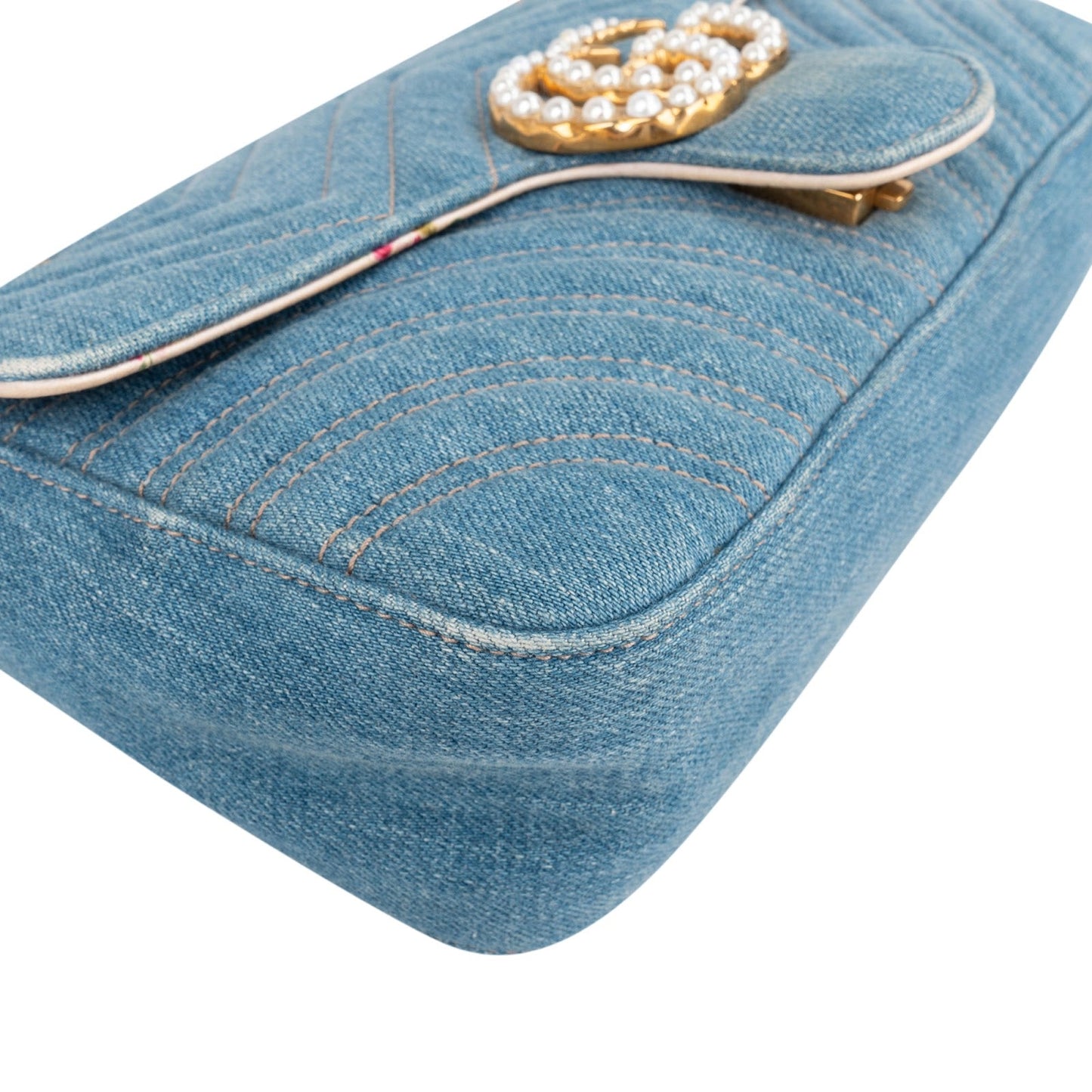 Gucci Denim Matelassé Denim Pearl GG Marmont Crossbody Bag