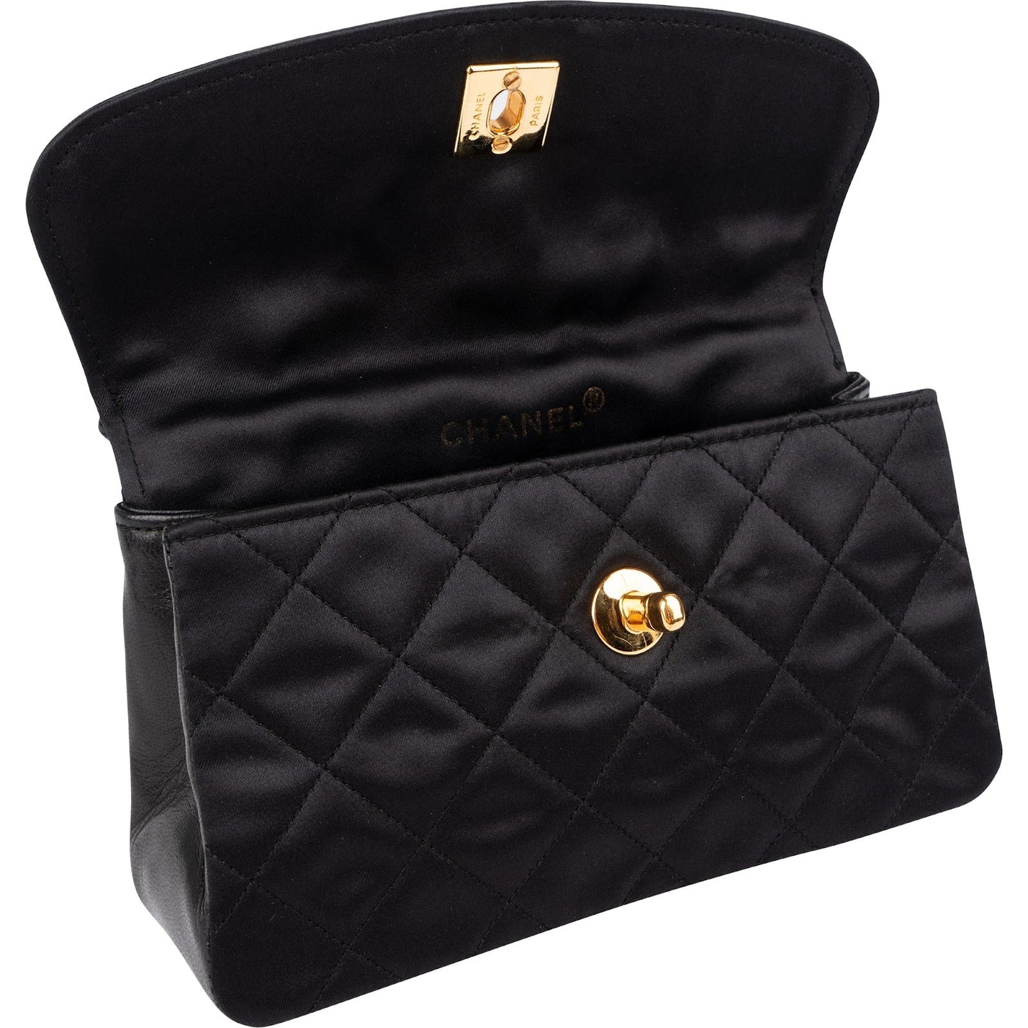 Chanel Navy Quilted Satin Top Bar 24K Gold Single Flap Small Crossbody Bag