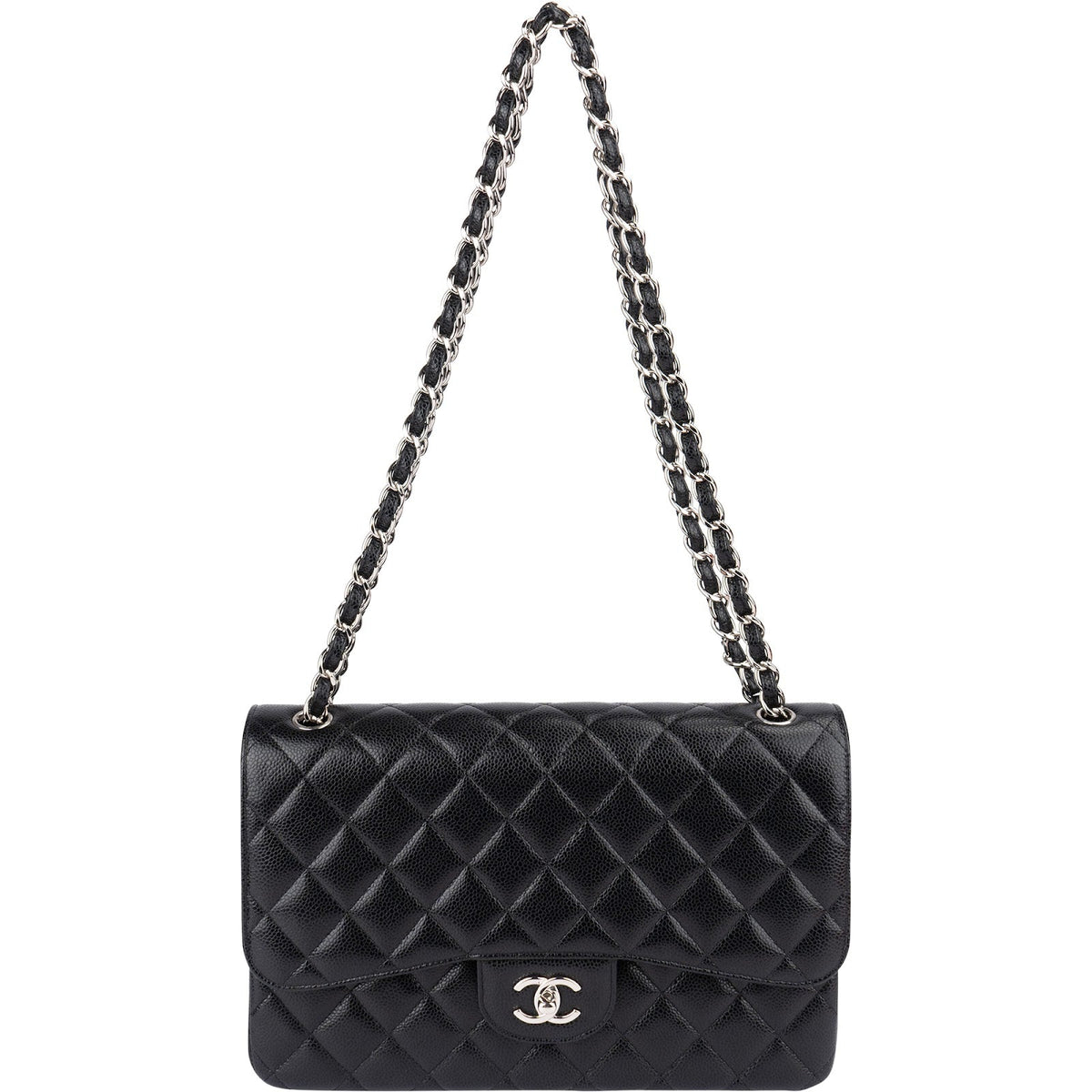 Chanel Quilted Caviar Leather Palladium Jumbo Double Flap Crossbody Bag