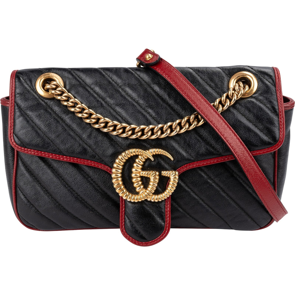 Gucci Black Matelassé Leather Red Edges GG Marmont Crossbody Bag