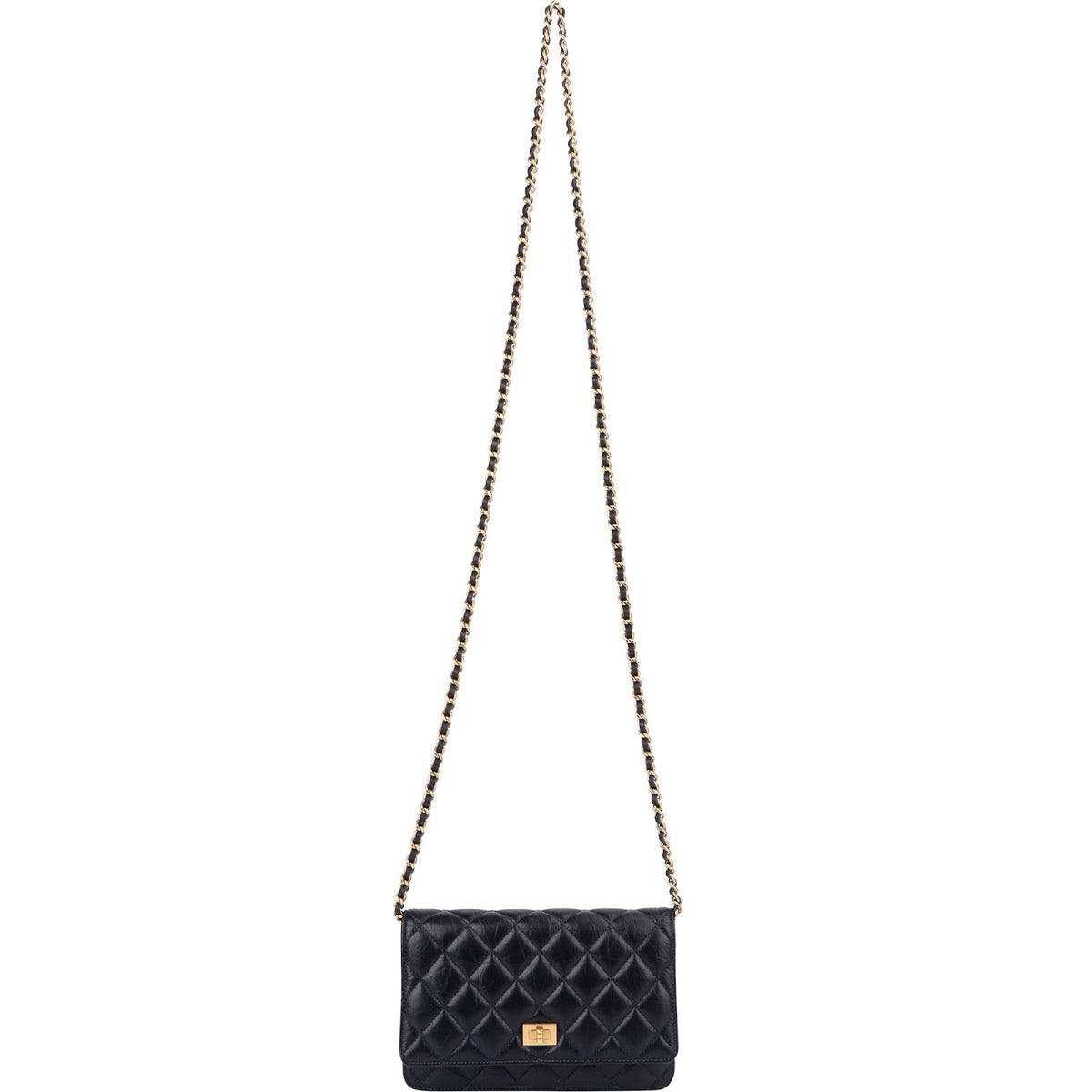 Chanel Quilted Crinkled Navy Lambskin 2.55 Reissue Wallet On Chain Crossbody Bag