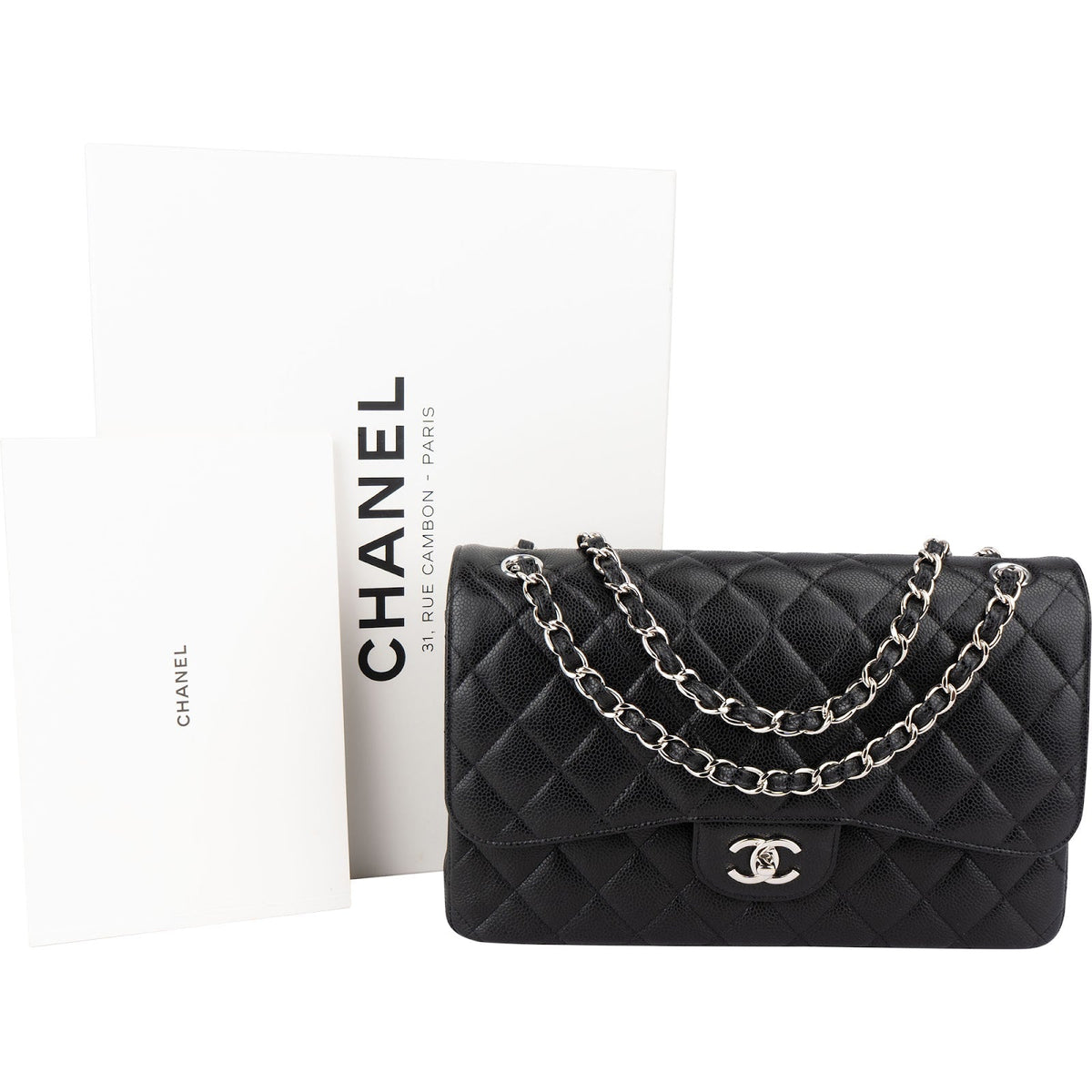 Chanel Quilted Caviar Leather Palladium Double Flap Jumbo Crossbody Bag