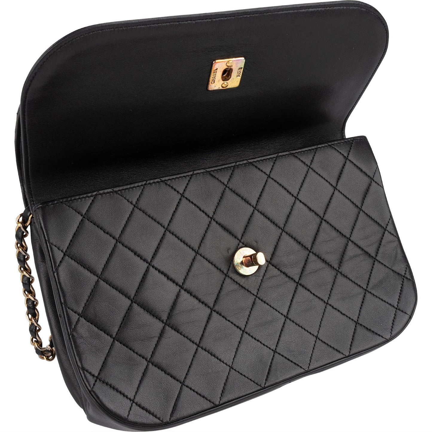 Chanel Quilted Lambskin Half Moon 24K Gold Double Flap Shoulder Bag