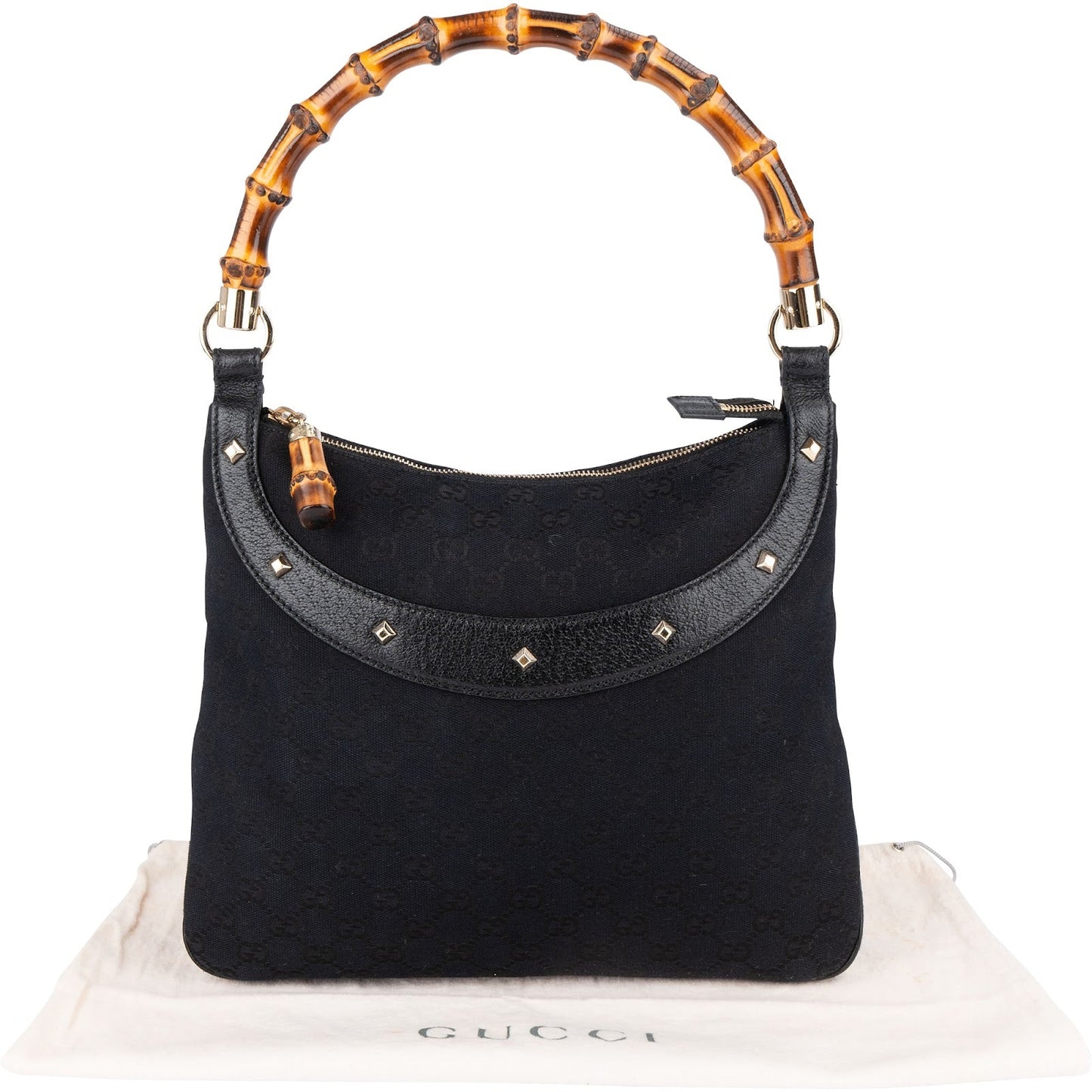 Gucci Monogram GG Studded Bamboo Hobo Handbag