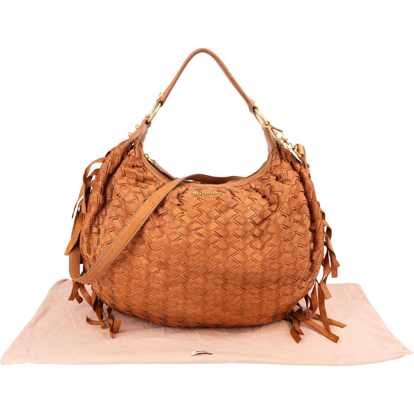 Miu Miu Woven Leather Fringe Hobo Shoulder Bag