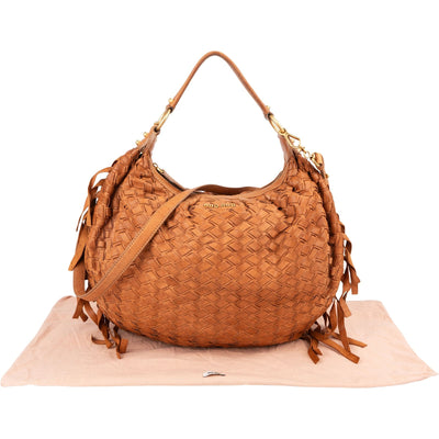 Miu Miu Woven Leather Fringe Hobo Shoulder Bag