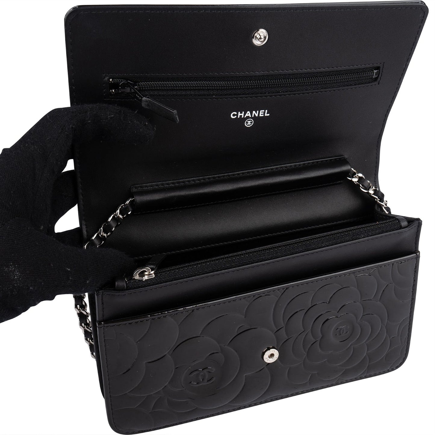 Chanel Patent Embossed Leather Camellia Wallet On Chain Crossbody Bag
