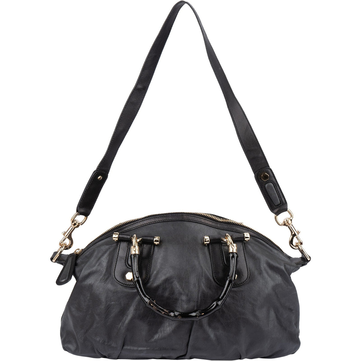 Gucci Black Leather New Bamboo Top Handle Bowling Handbag
