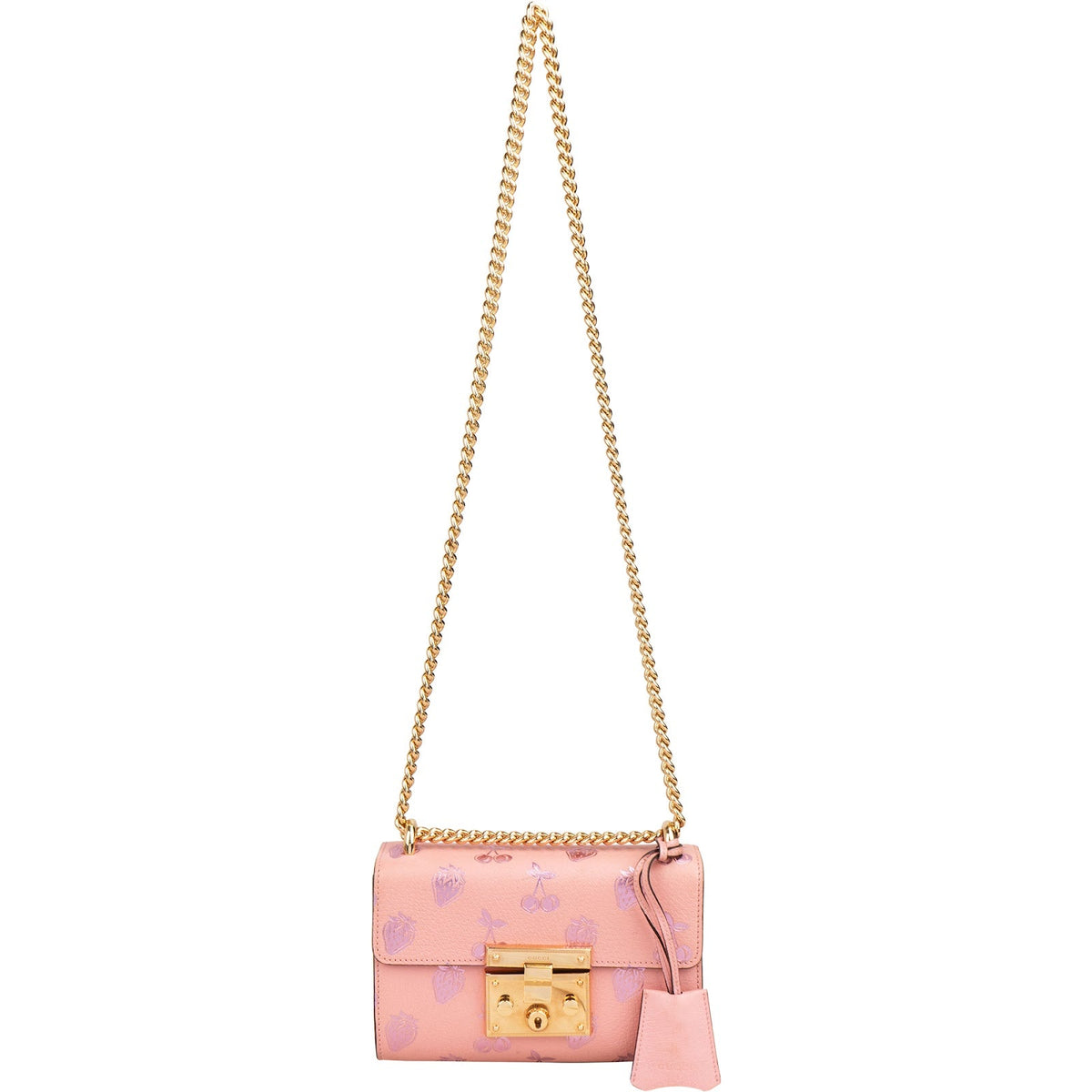 Gucci Pink Leather Glitter Embossed Fruits Small Padlock Crossbody Bag