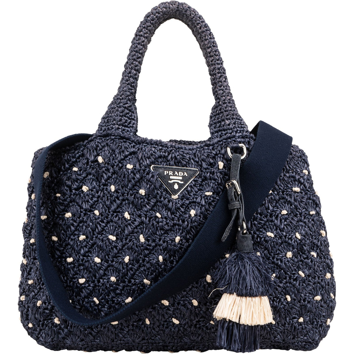 Prada Woven Raffia Polka-Dot Tote Shoulder Handbag