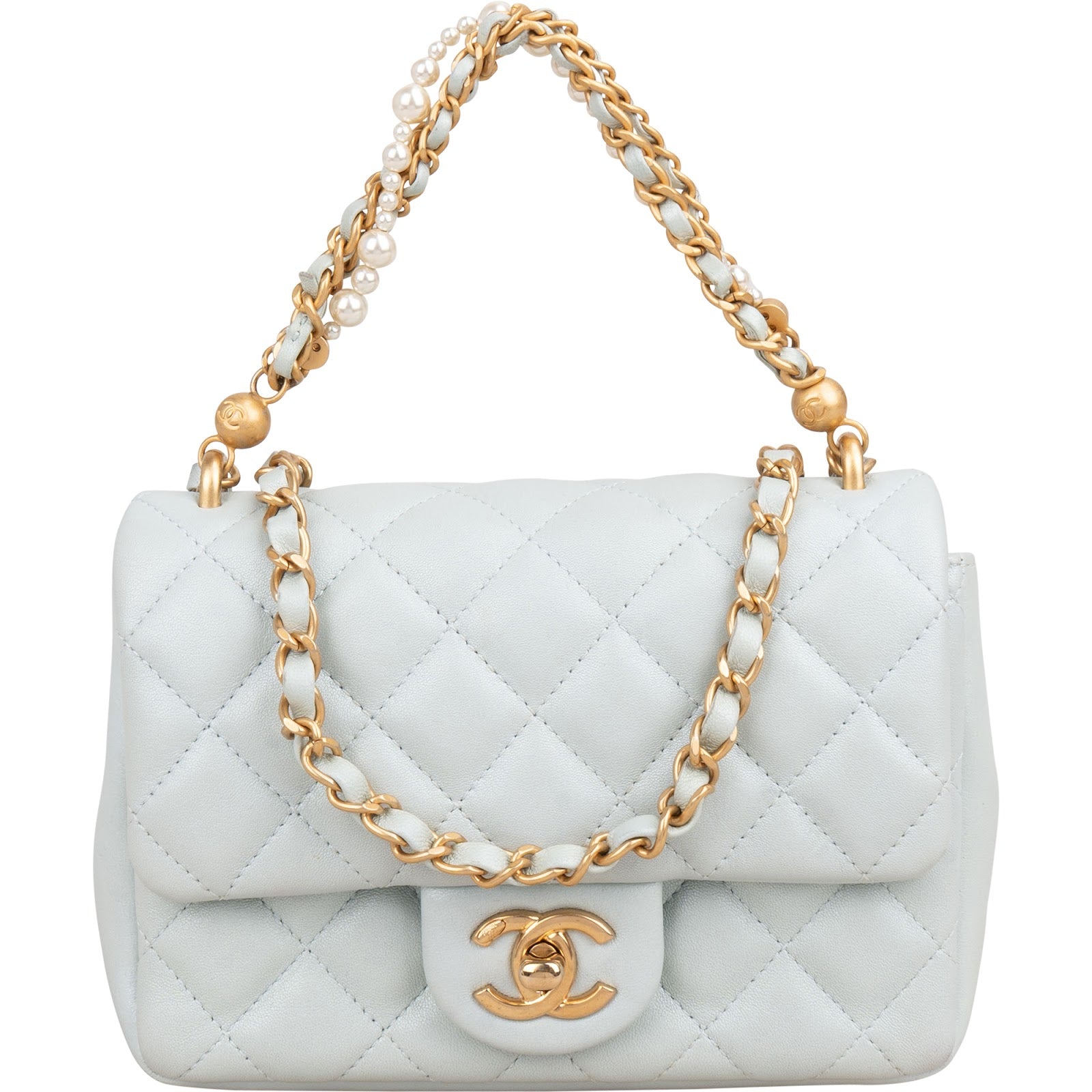 Chanel Quilted Lambskin Mini Single Flap Pearl Handle Crossbody Bag