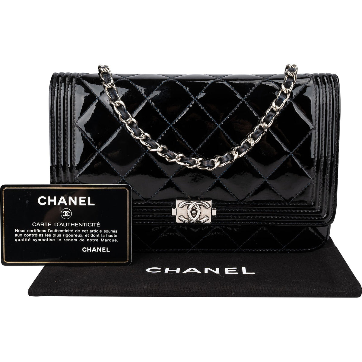 Chanel Patent Leather Quilted Boy Wallet On Chain Crossbody Bag