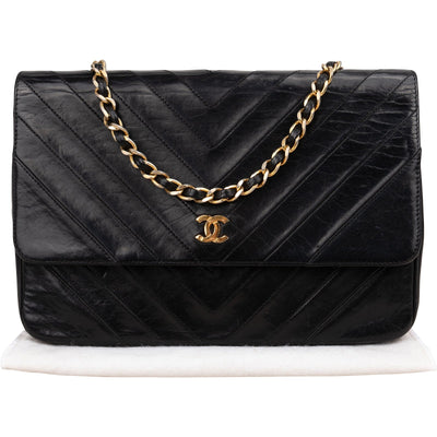 Chanel Chevron Lambskin 24K Gold Single Flap Shoulder Bag