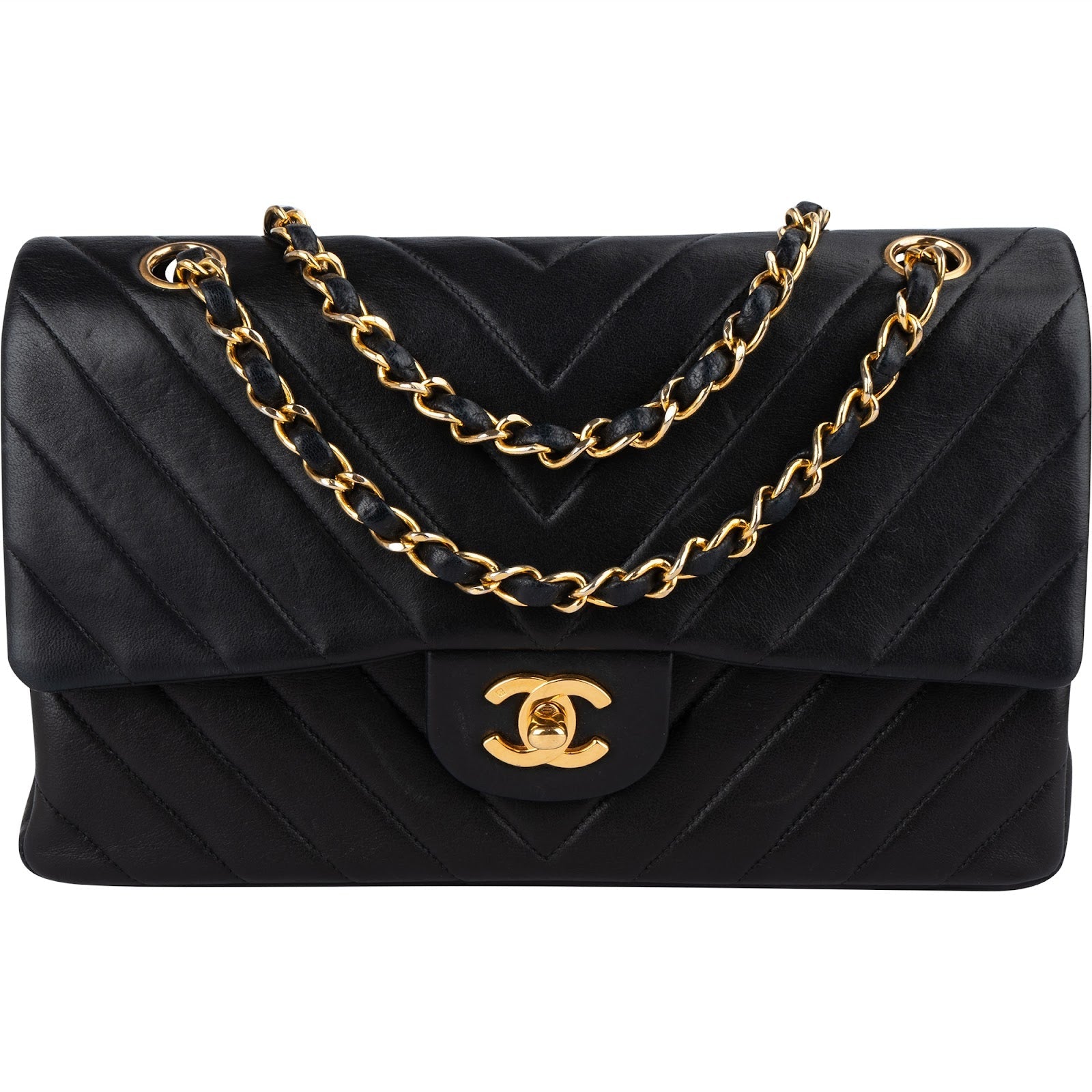 Chanel Quilted Lambskin Chevron Medium 24K Gold Double Flap Shoulder Bag