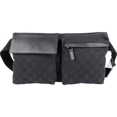 Gucci Black Leather Monogram GG Canvas Belt Crossbody Bag