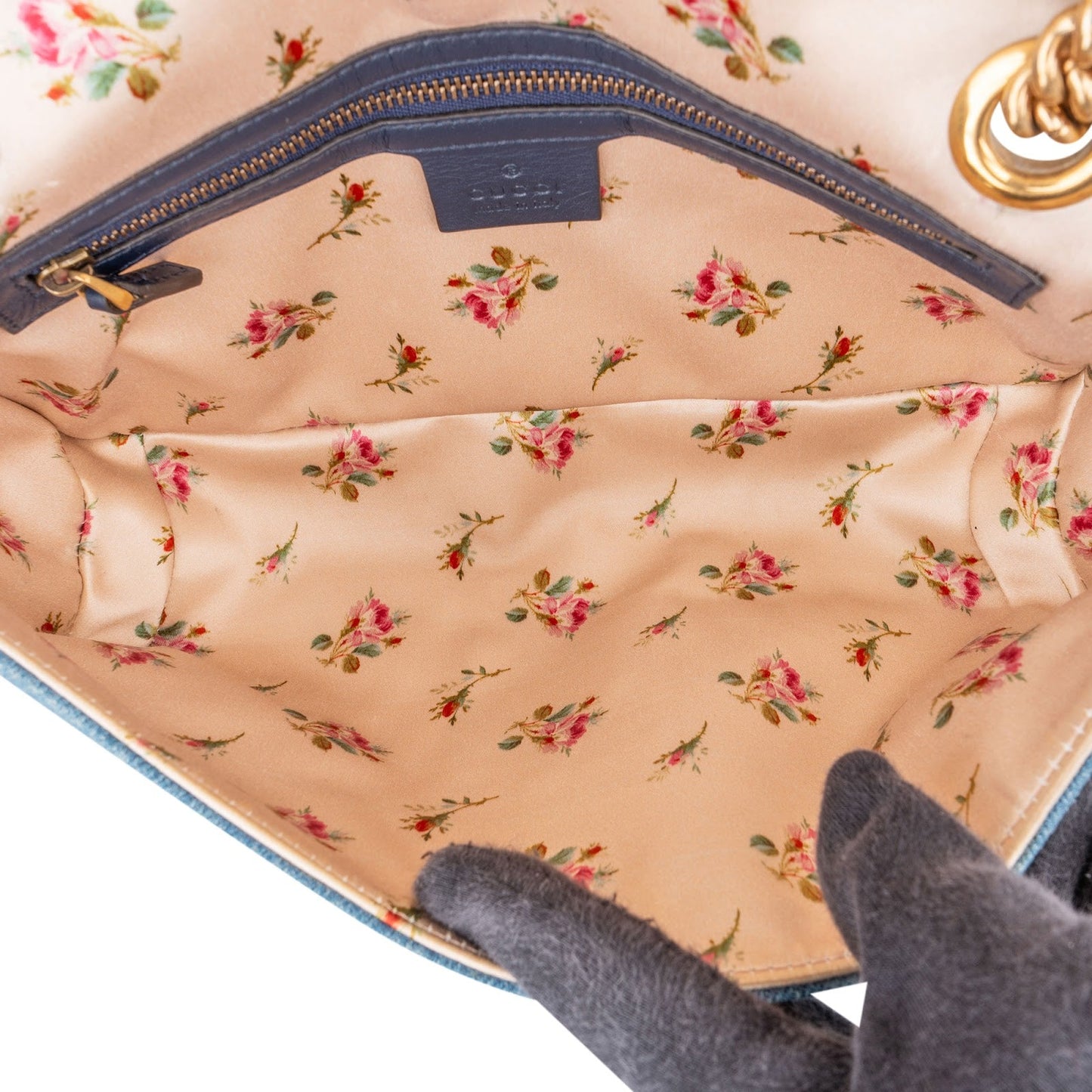 Gucci Denim Matelassé Denim Pearl GG Marmont Crossbody Bag