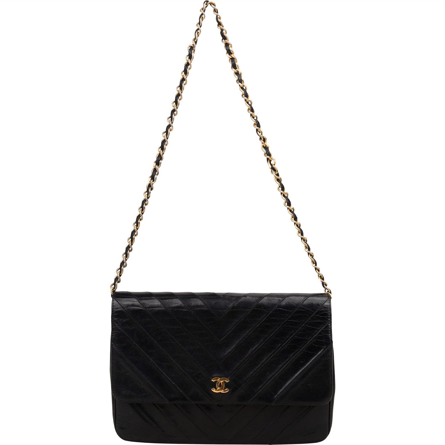 Chanel Chevron Lambskin 24K Gold Single Flap Shoulder Bag