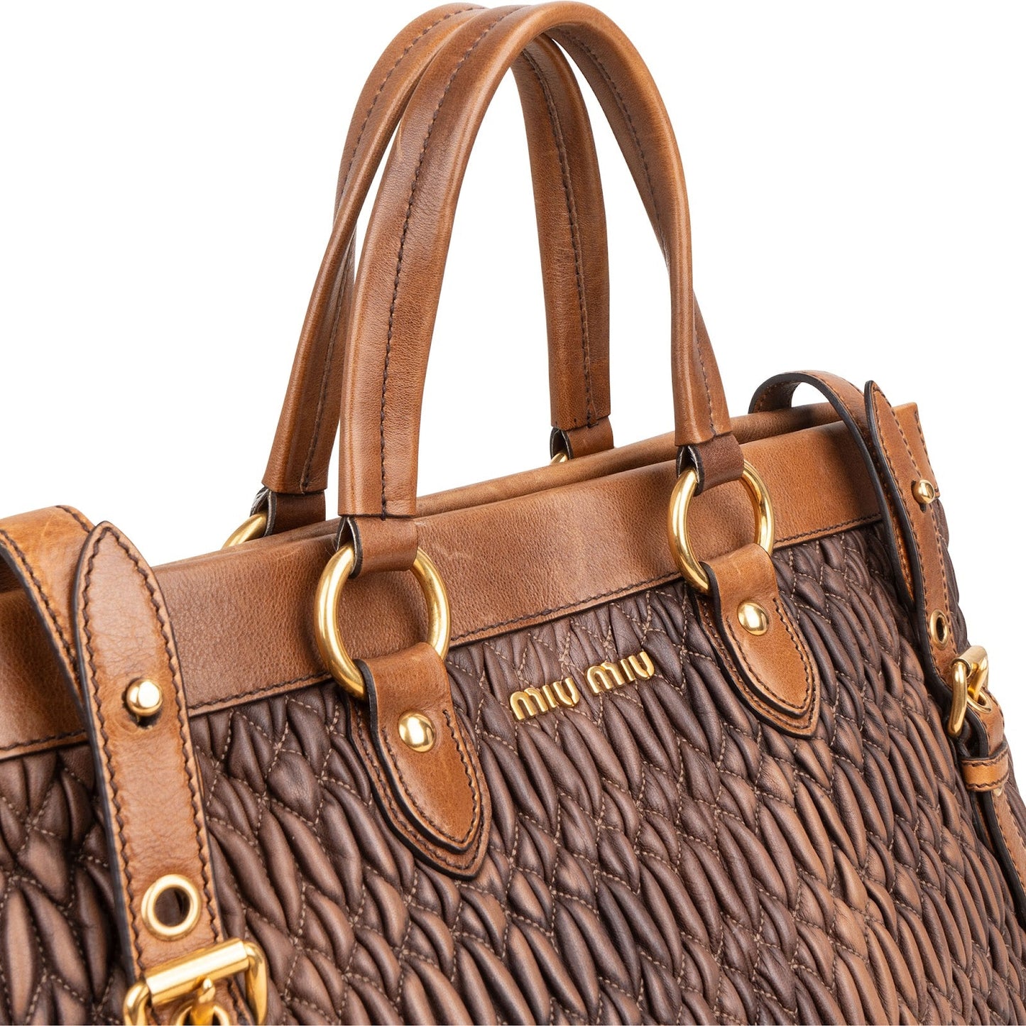 Miu Miu Matelassé Nappa Leather Bicolor Brown Tote Satchel Handbag