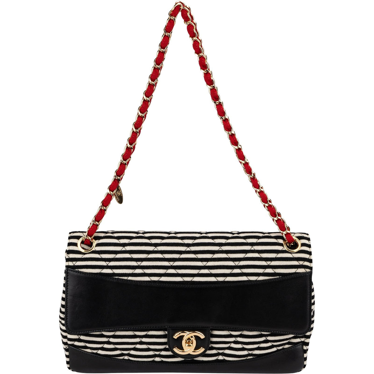 Chanel Striped Cotton Leather Single Flap Crossbody Bag