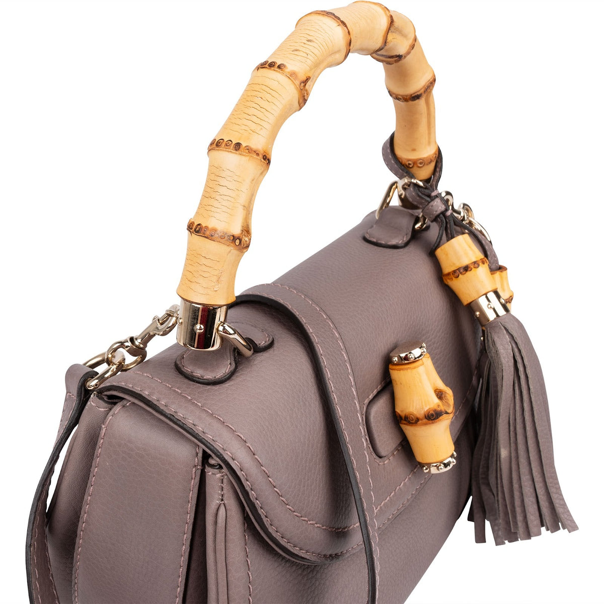 Gucci New Bamboo Top Handle aus fliederfarbenem genarbtem Leder – Ansicht 3