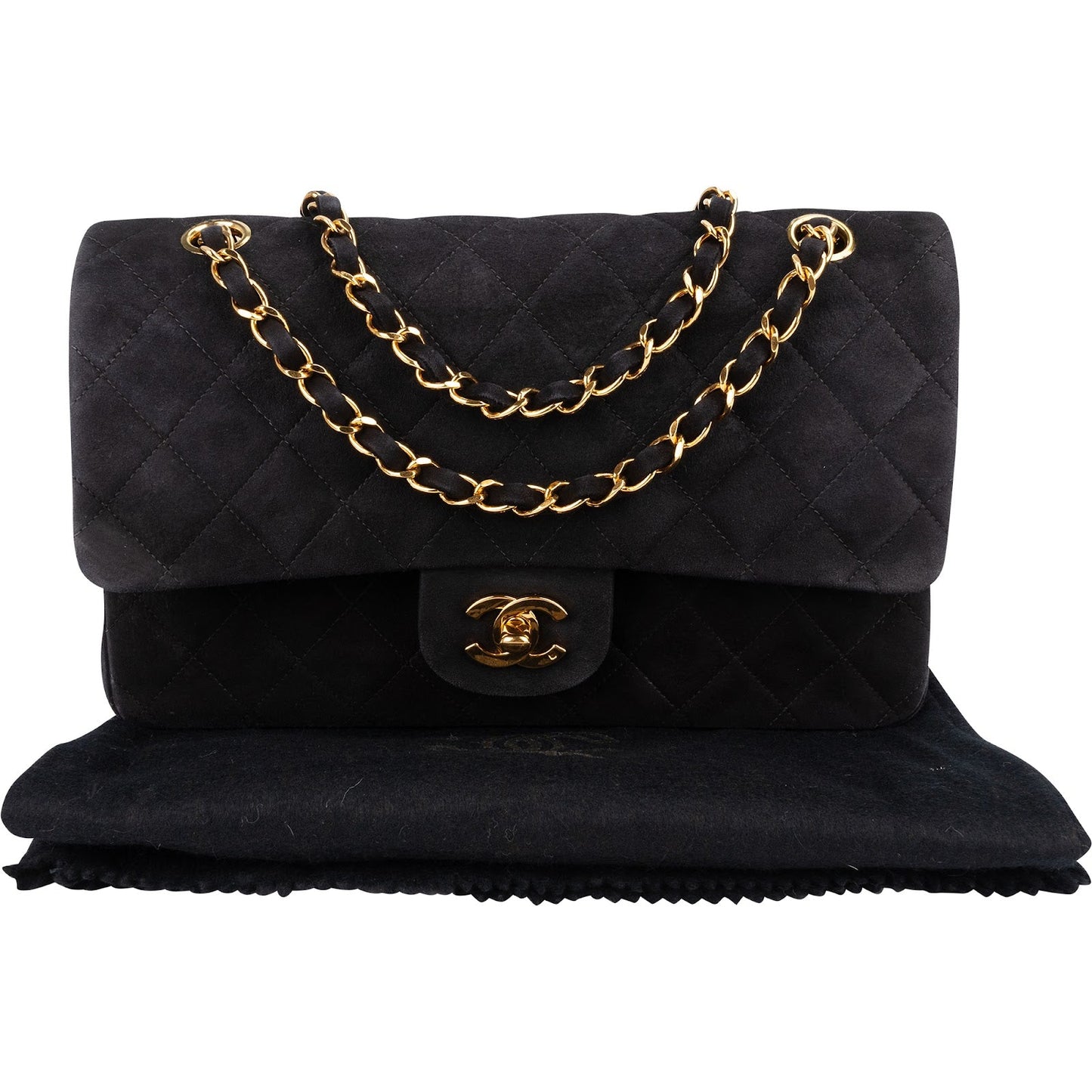 Chanel Quilted Suede 24K Gold Medium Double Flap Shoulder Bag
