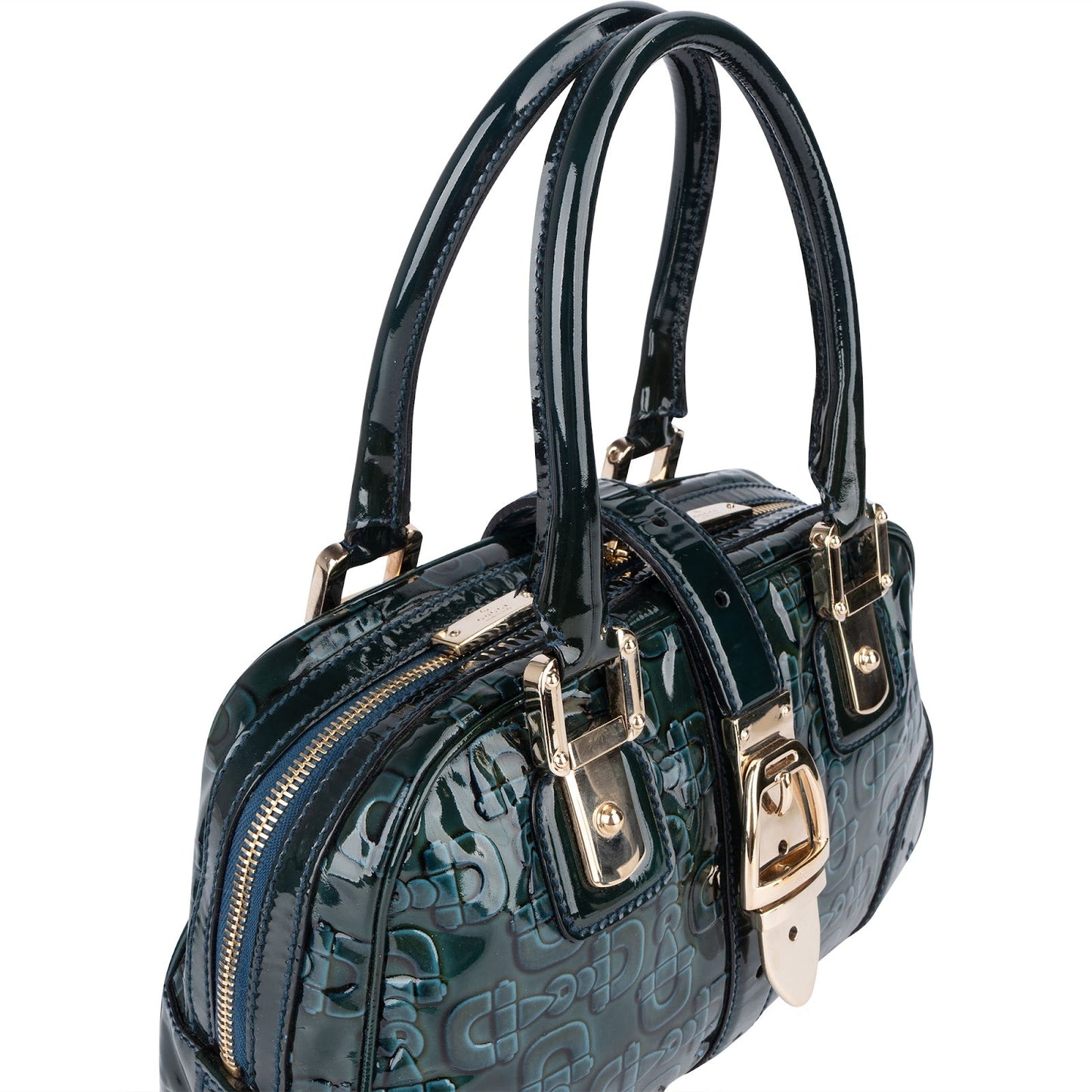 Gucci Monogram Patent Leather Horsebit Boston Handbag