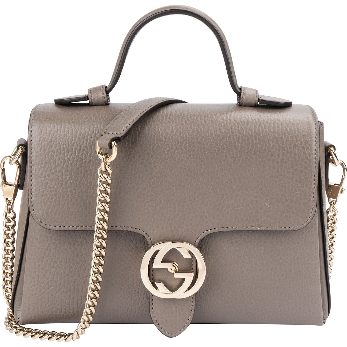 Gucci Taupe Grained Leather Interlocking GG Top Handle Handbag