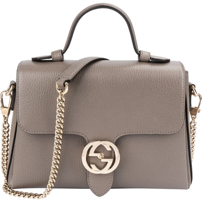 Gucci Taupe Grained Leather Interlocking GG Top Handle Handbag