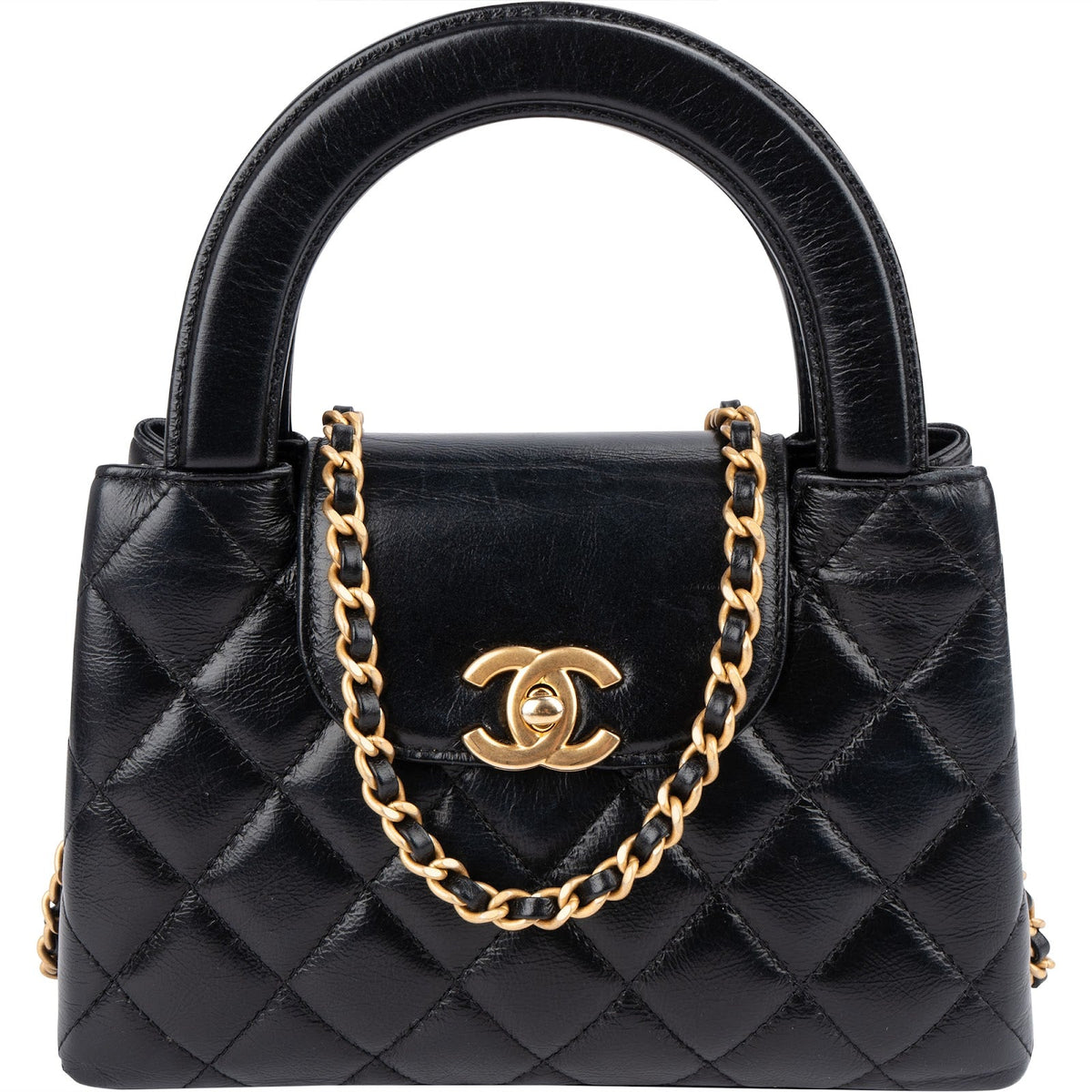 Chanel Black Leather Quilted Lambskin Nano Kelly Top Handle Crossbody Handbag