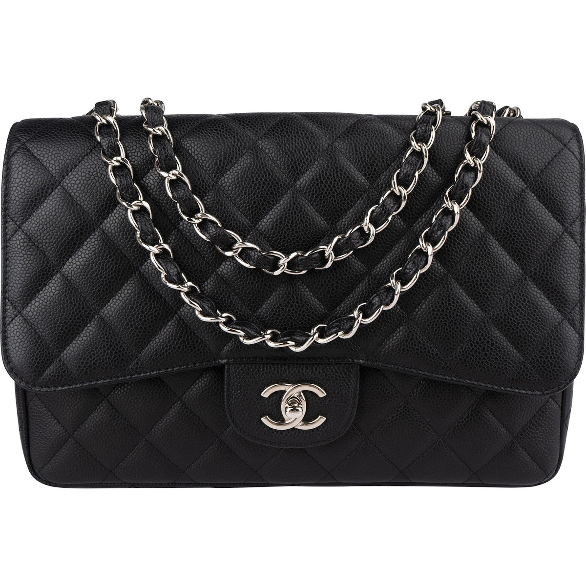 Chanel Quilted Caviar Leather Palladium Jumbo Singe Flap Crossbody Bag
