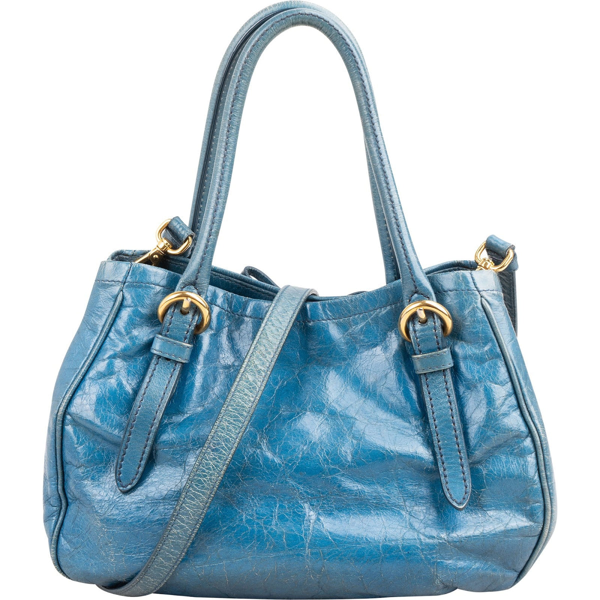 Miu Miu Blue Vitello Lux Leather Small Front Bow Handbag
