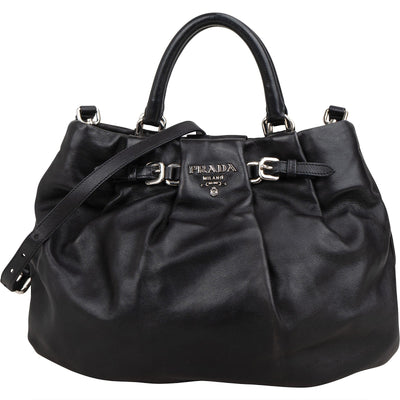 Prada Black Soft Calfskin Gathered Belt Hobo Handbag