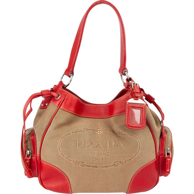 Prada Canvas Emblem Side Drawstring Pocket Shoulder Bag