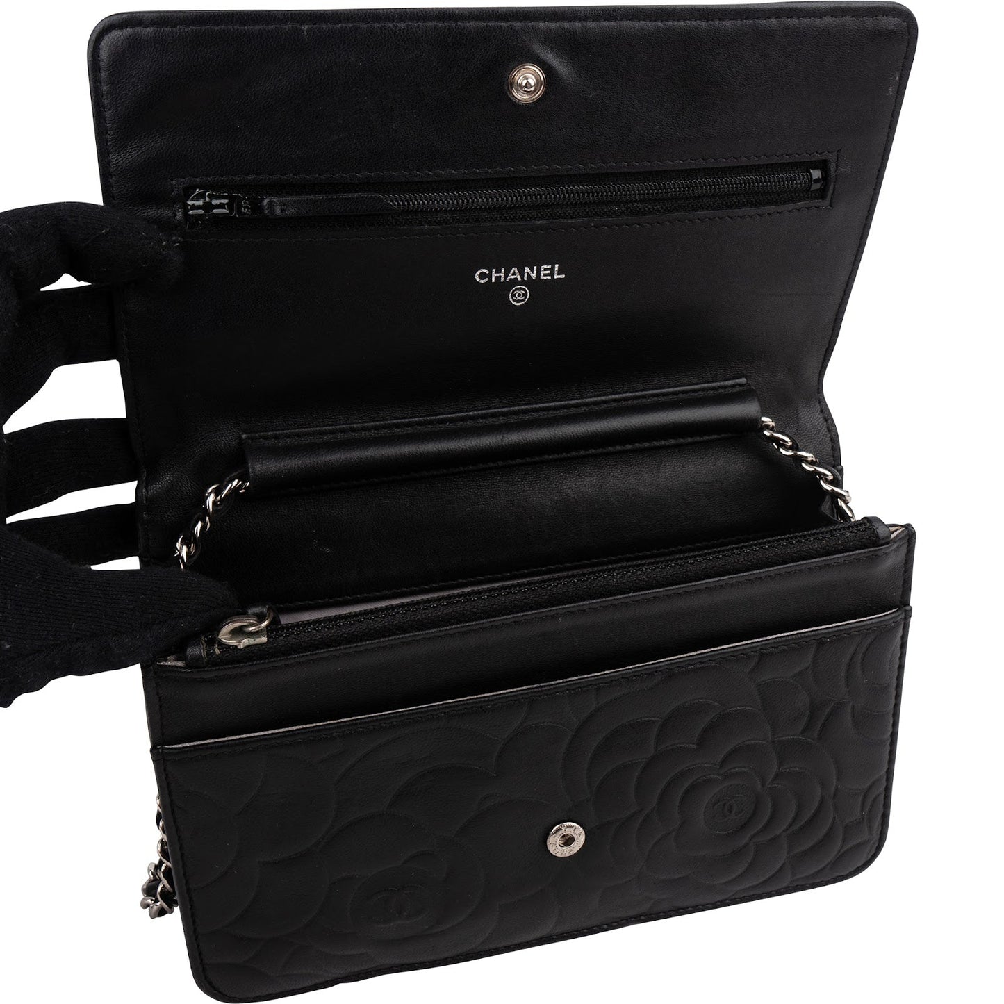Chanel Camellia Embossed Lambskin Wallet On Chain Crossbody Bag