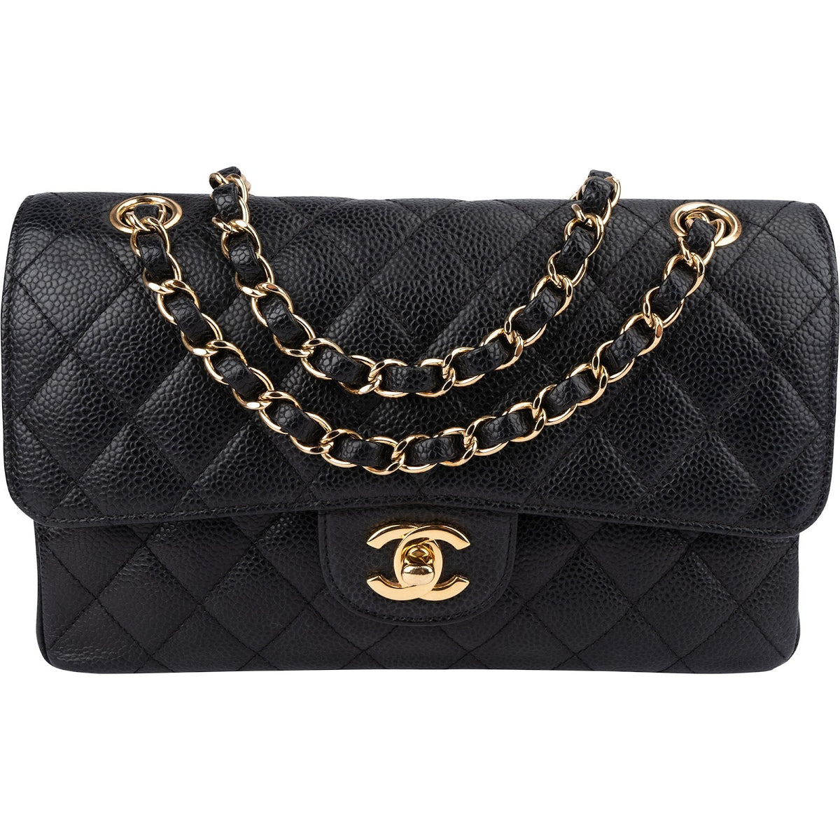 Chanel Quilted Caviar Leather Gold Small Double Flap Shoulder Bag