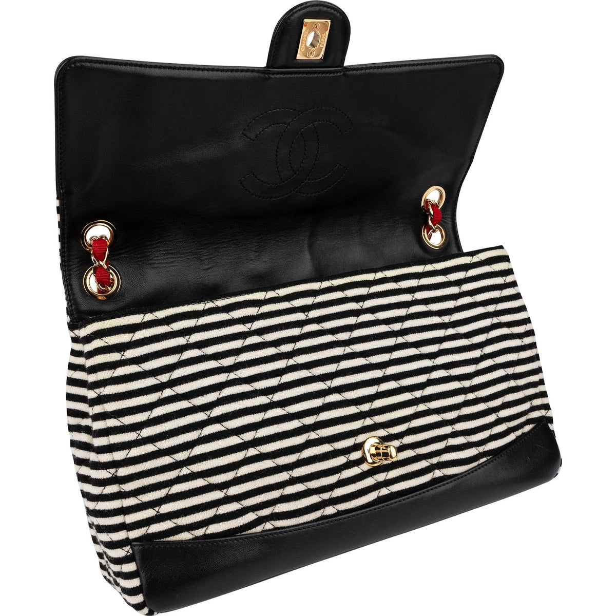 Chanel Striped Cotton Leather Single Flap Crossbody Bag