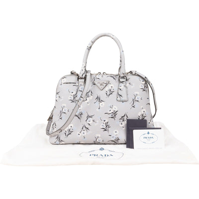 Prada Grey Saffiano Leather Floral Promenade Handbag