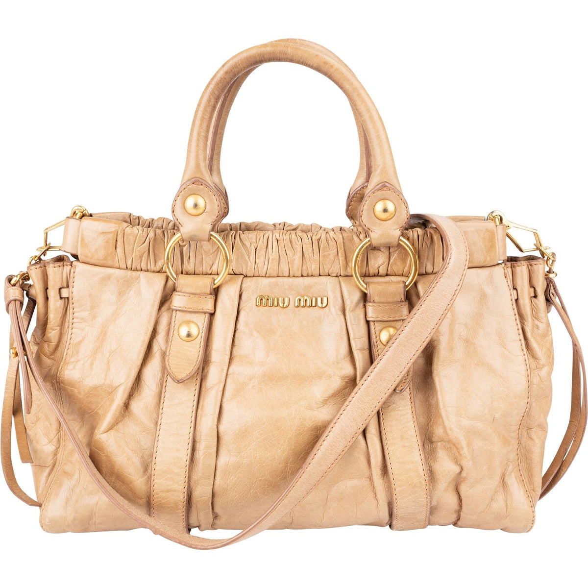 Miu Miu Gathered Drawstring Satchel aus Vitello-Lux-Leder – Vorderansicht