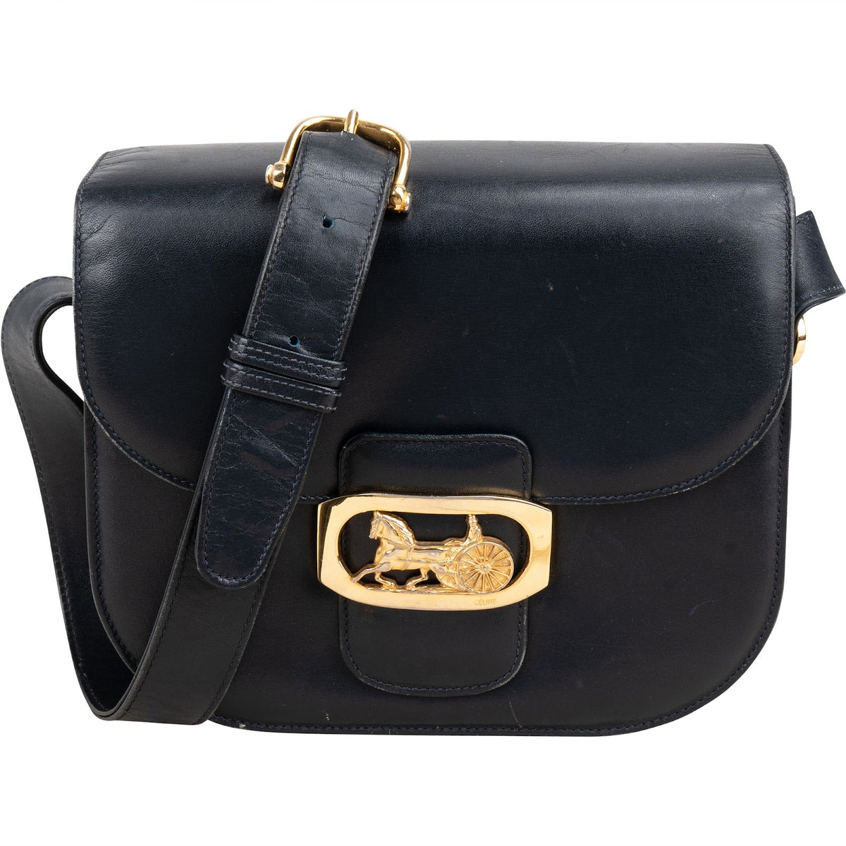 Celine Navy Boxcalf Leather Horse Carriage Triomphe Shoulder Bag