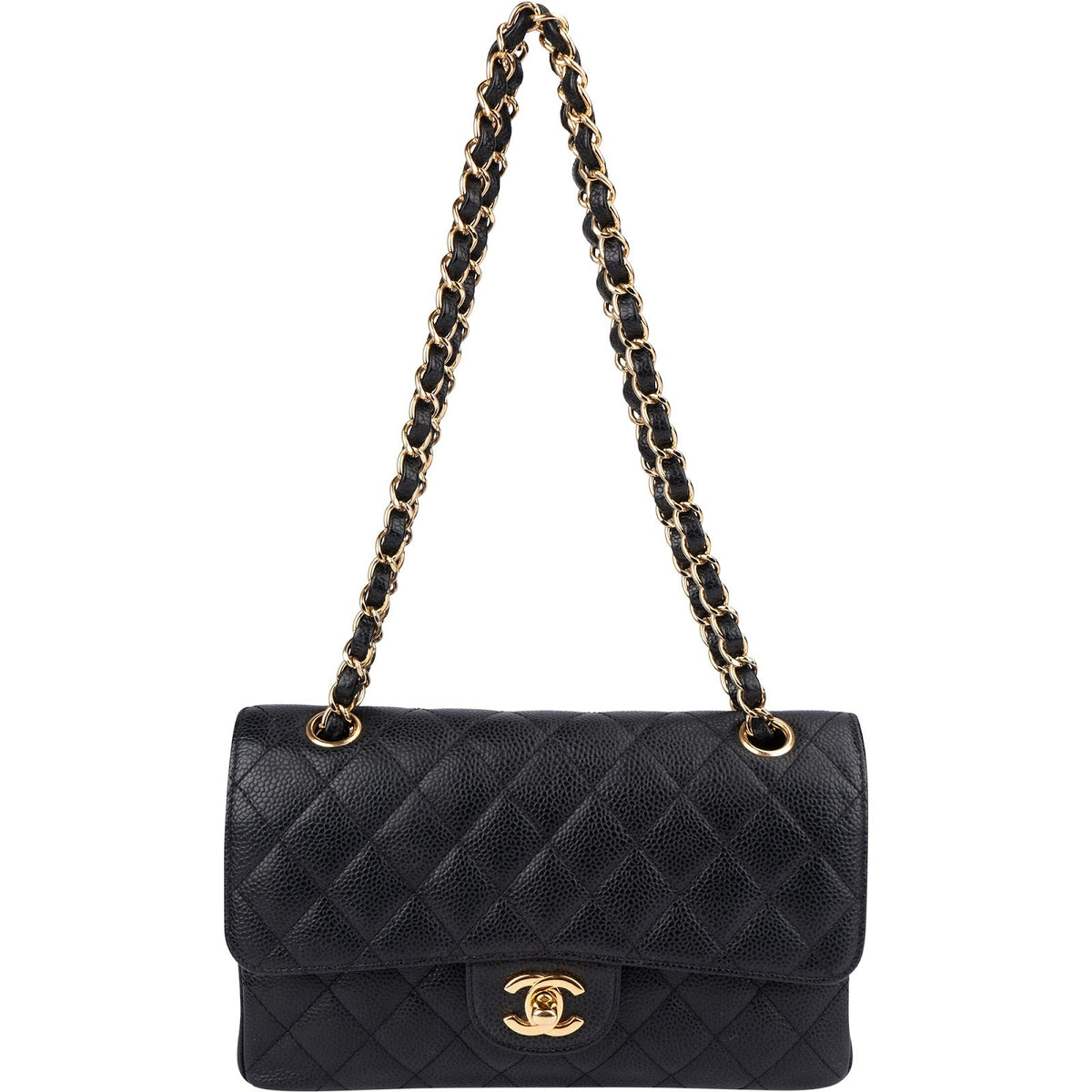 Chanel Quilted Caviar Leather Gold Small Double Flap Shoulder Bag