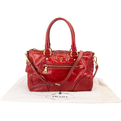 Prada Red Vitello Lux Leather Bauletto Handbag