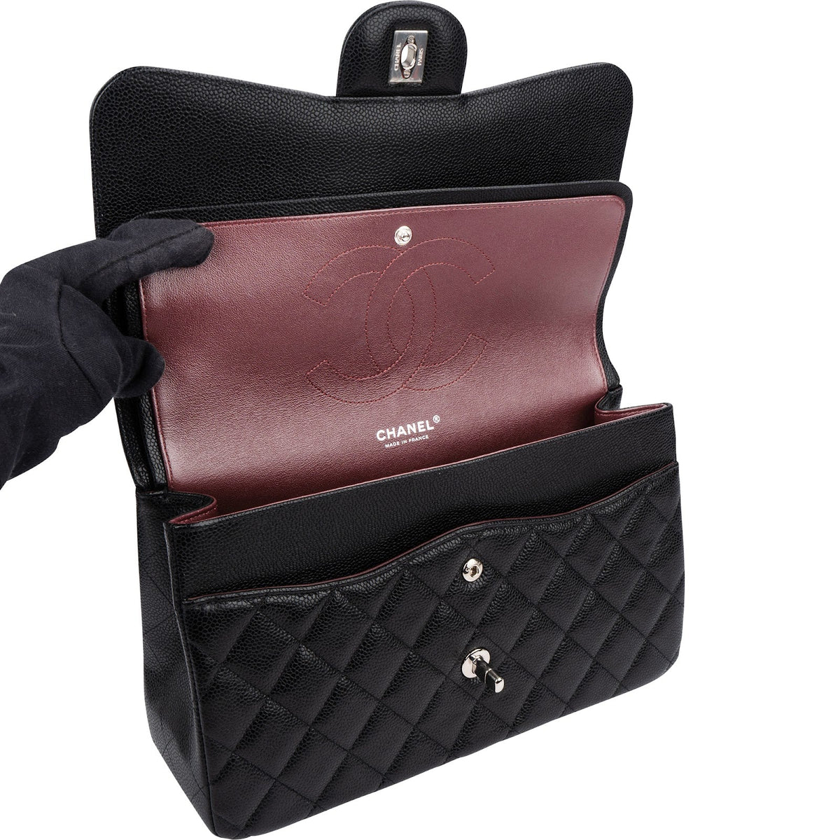 Chanel Quilted Caviar Leather Palladium Jumbo Double Flap Crossbody Bag