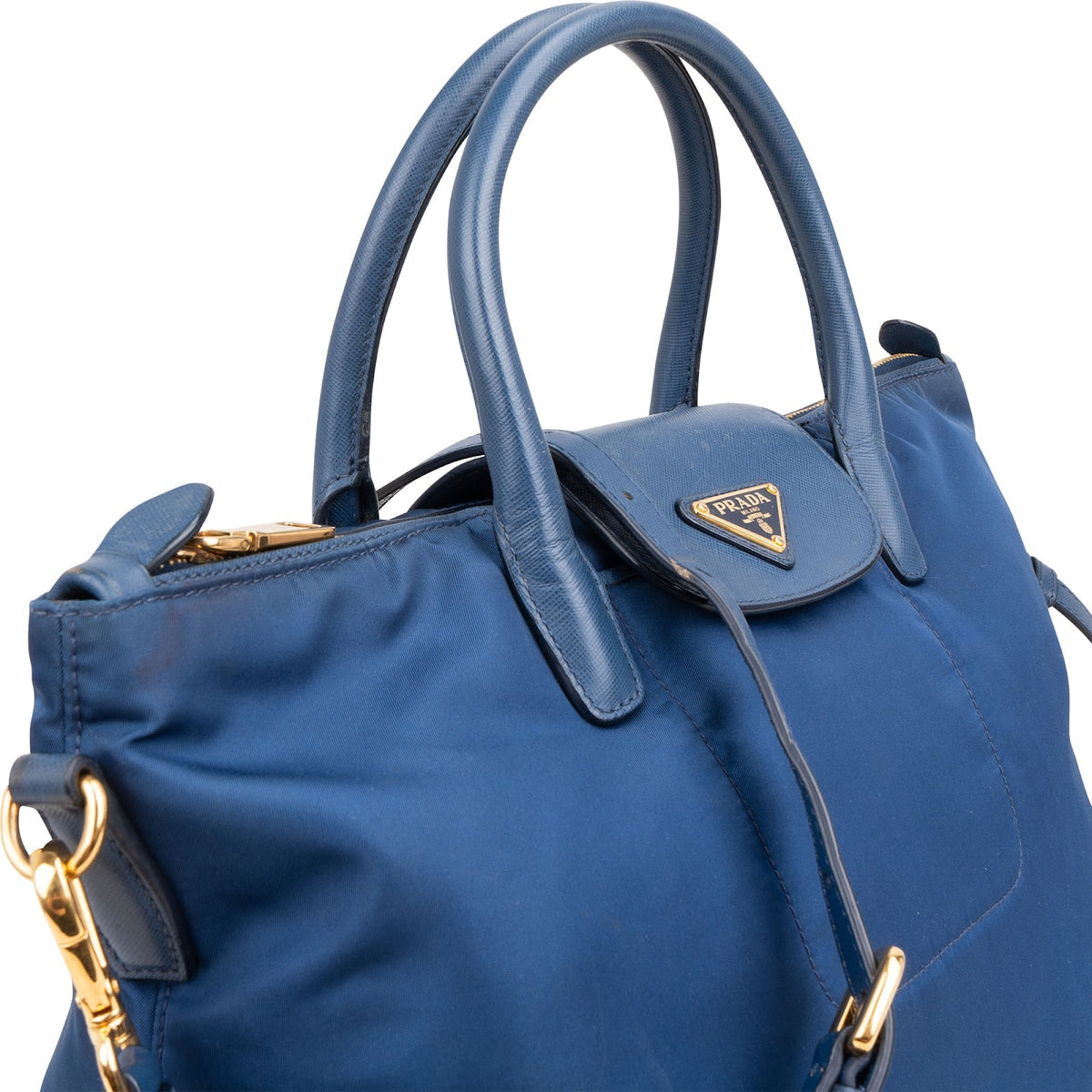 Prada Triangle Tote aus blauem Nylon und Saffiano-Leder – Ansicht 2