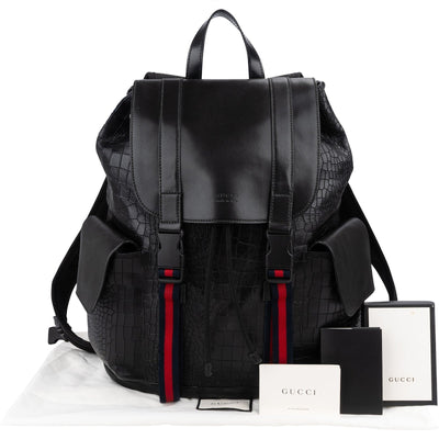 Gucci Crocodile-Embossed Leather Web Stripe Backpack