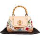 Gucci Rose Leather Flora Print Canvas Bamboo Top Handle Handbag