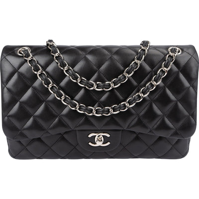 Chanel Quilted Lambskin Palladium Jumbo Double Flap Crossbody Bag