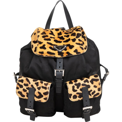 Prada Leopard Print Animal Hair Triangle Multipoket Drawstring Backpack