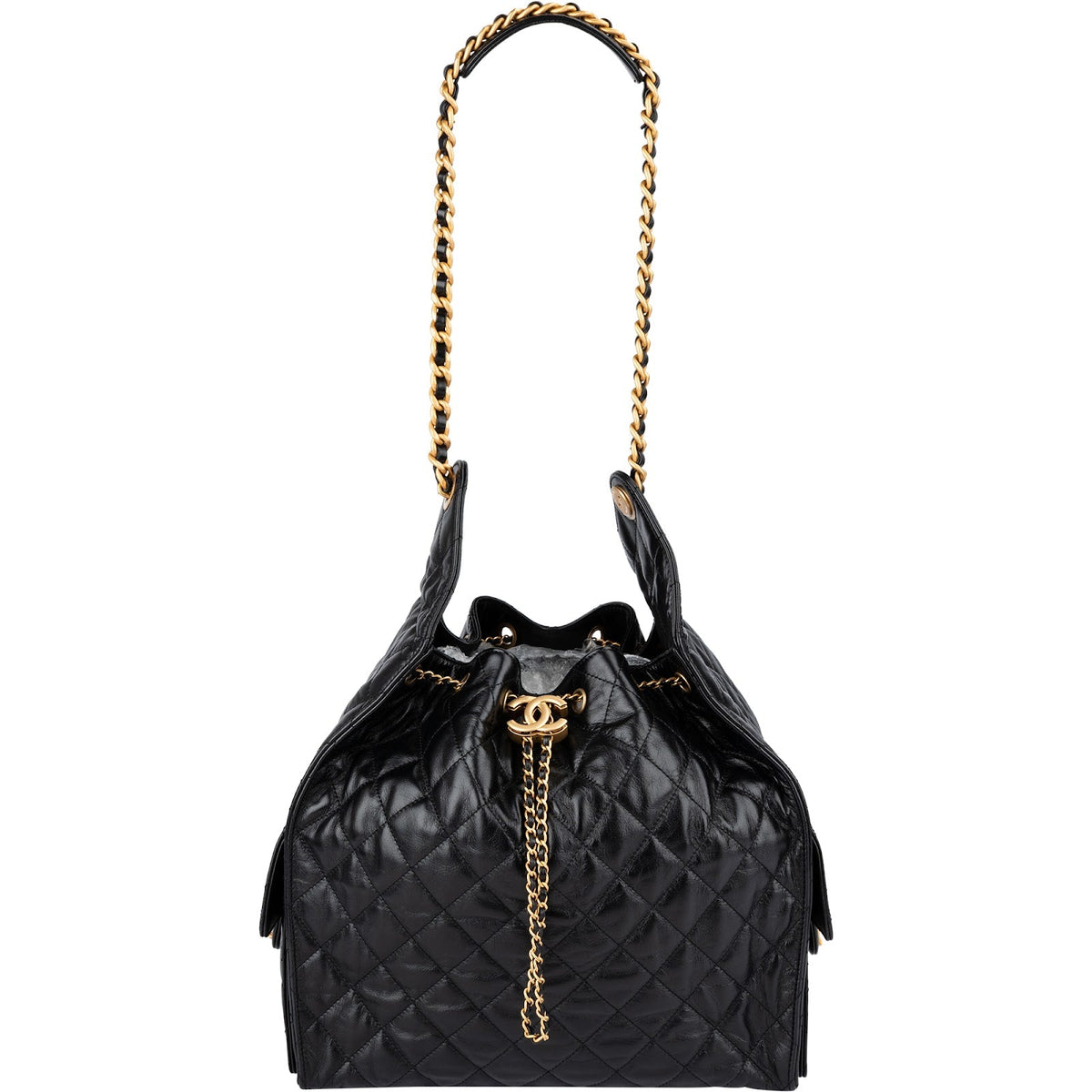 Chanel 25 Quilted Lambskin Drawstring Bucket Shoulder Bag Medium